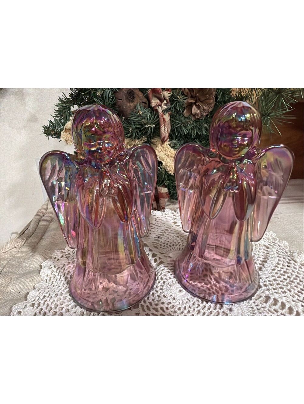 VTG Fenton Pink Iridescent Glass Angel 6” Figure Lot Of 2 Religious Christmas